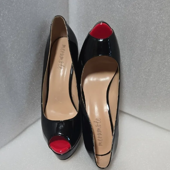 Marumote 6" SHINEY BLACK STILETTOS W/ RED PEEP VALENTINE'S DIVA 9.5 - Picture 8 of 17